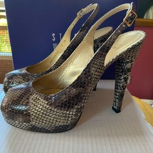 Snakeskin platform peep toe slingback heels
